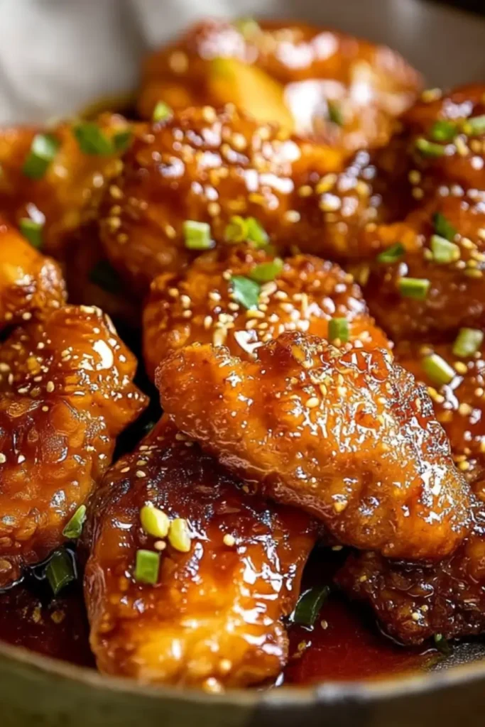Crispy Honey Garlic Chicken with Sesame Seeds and Green Onions