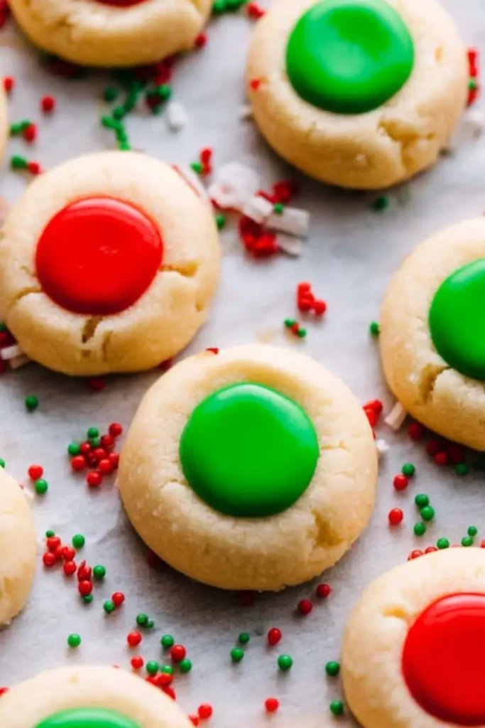 Easy Iced Thumbprint Cookies Recipe You'll Love 11 Holiday Iced Thumbprint Cookies with Sprinkles on Parchment Paper