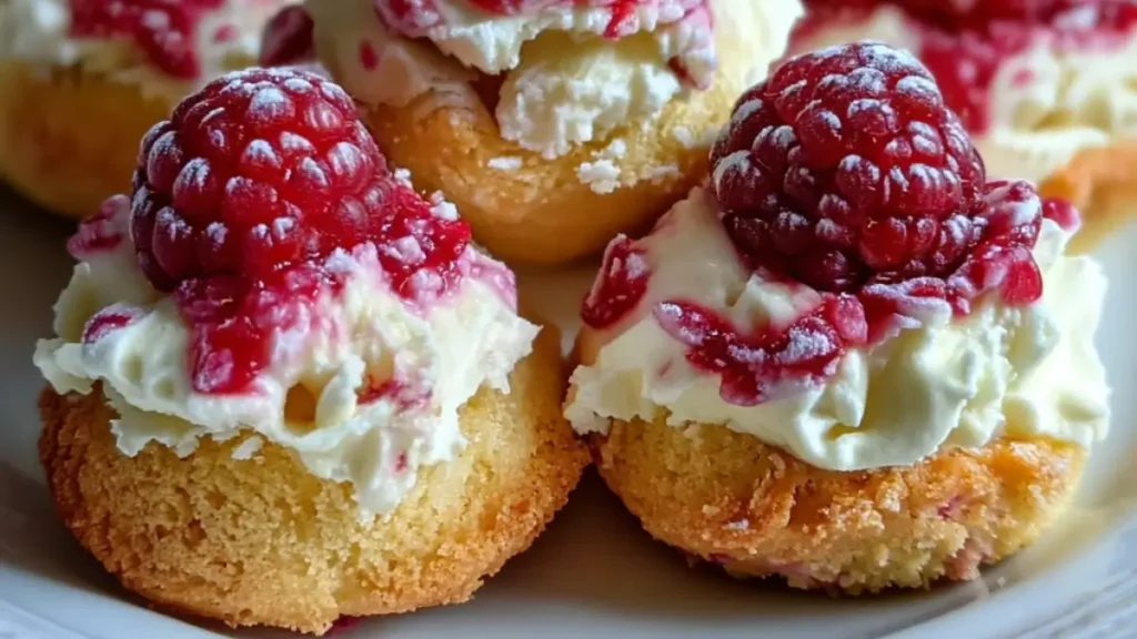 Raspberry Cream Cheese Bites – Mini Cake Bites with Creamy Frosting & Fresh Raspberries
